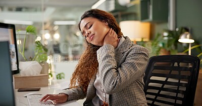 Buy stock photo Woman, neck pain and stress at night in office with overtime, tired and massage muscle for relief. Person, writer and ache with joint, burnout or exhausted with fatigue for project at creative agency