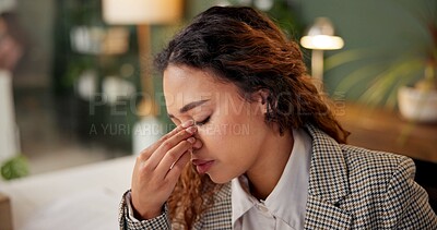 Buy stock photo Woman, headache and stress at night in office with overtime, tired and sore eyes at company. Person, writer and pain with migraine, burnout or exhausted with fatigue for project at creative agency