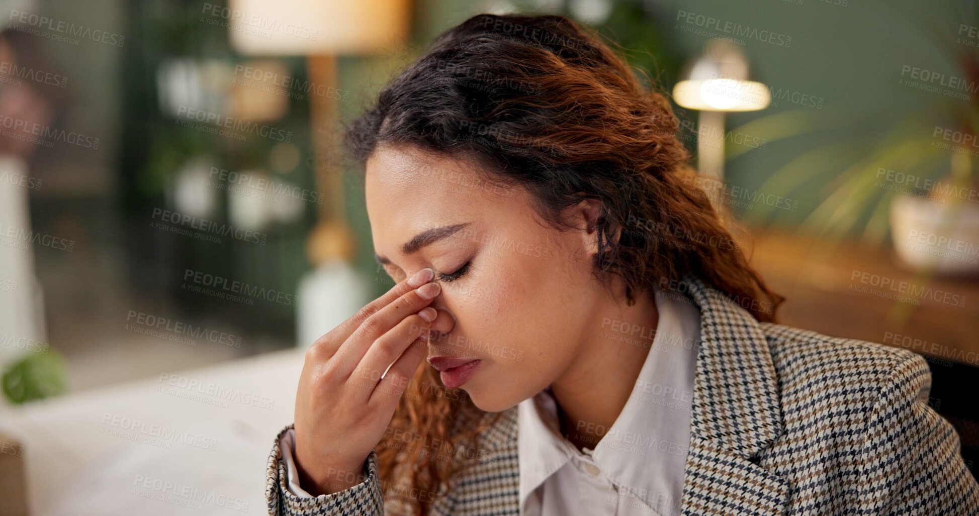 Buy stock photo Woman, headache and stress at night in office with overtime, tired and sore eyes at company. Person, writer and pain with migraine, burnout or exhausted with fatigue for project at creative agency