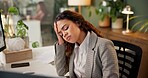 Tired, business and woman with headache in office for deadline pressure, burnout and anxiety of brain fog. Girl, fatigue and migraine for proposal stress, overtime worry and vertigo of administration