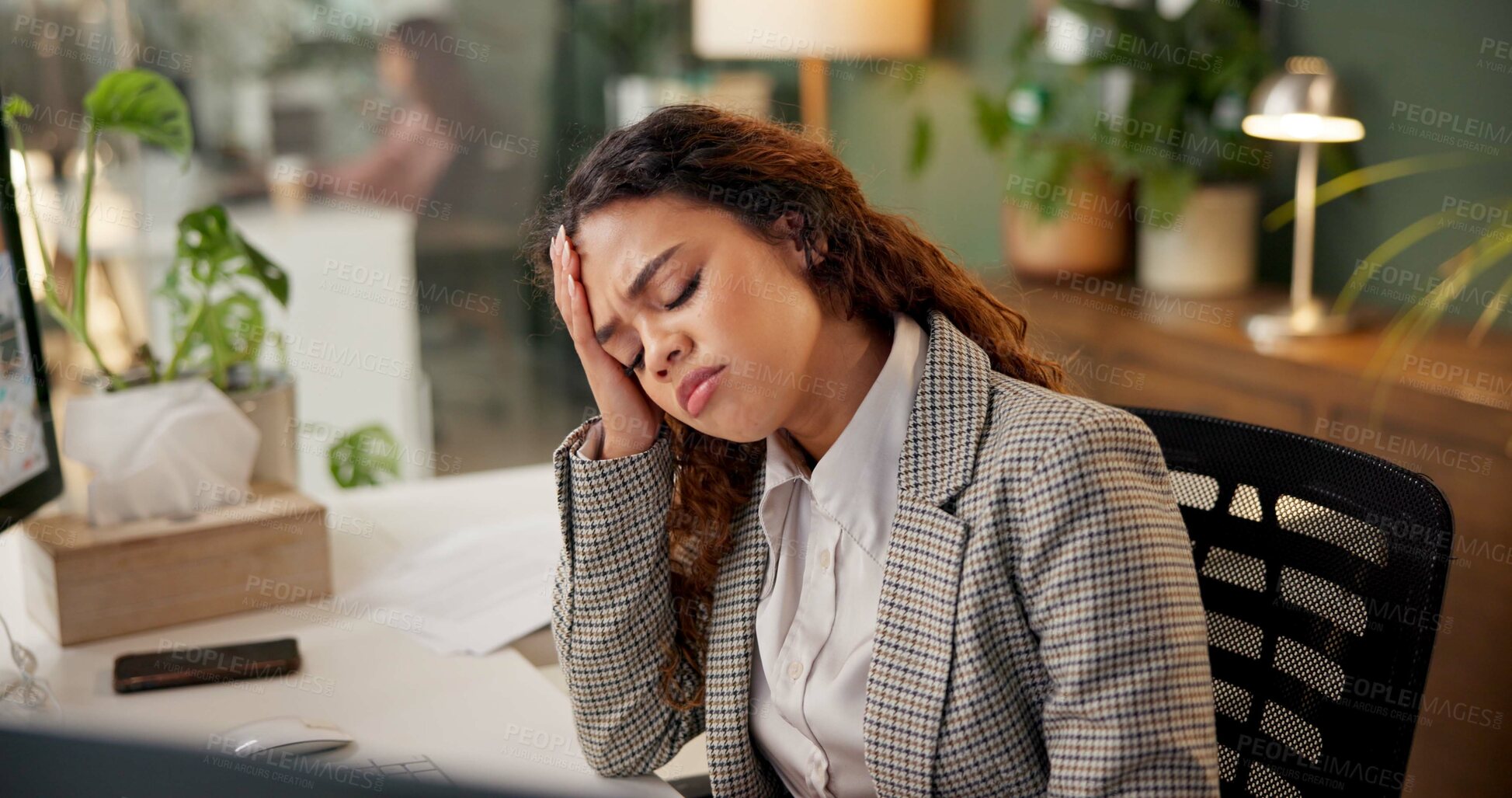 Buy stock photo Tired, business and woman with headache in office for deadline pressure, burnout and anxiety of brain fog. Girl, fatigue and migraine for proposal stress, overtime worry and vertigo of administration