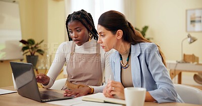 Buy stock photo Women, laptop and reading with discussion at startup for project management, review or pointing at media company. People, partnership and confused with computer, story and article at creative agency