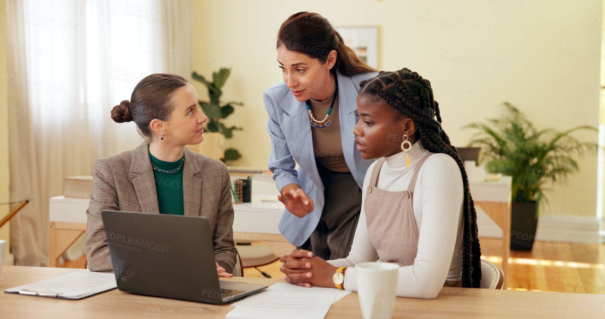 Buy stock photo Business people, laptop and manager for feedback, collaboration or employee development with help in office. Teamwork, diversity and planning for project review, discussion and training with proposal