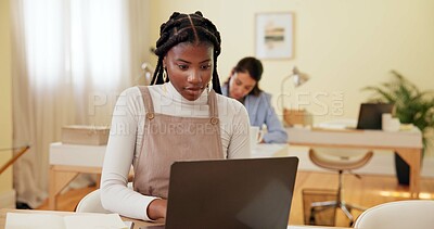 Buy stock photo Typing, business woman and laptop with notes in coworking office with desk and online schedule. Planning, web writer and creative professional with article fact check and blog upload on internet