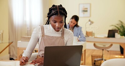 Buy stock photo Writing, business woman and laptop with notes in coworking office with desk and schedule. Planning, web writer and creative professional with article fact check and blog upload with paperwork