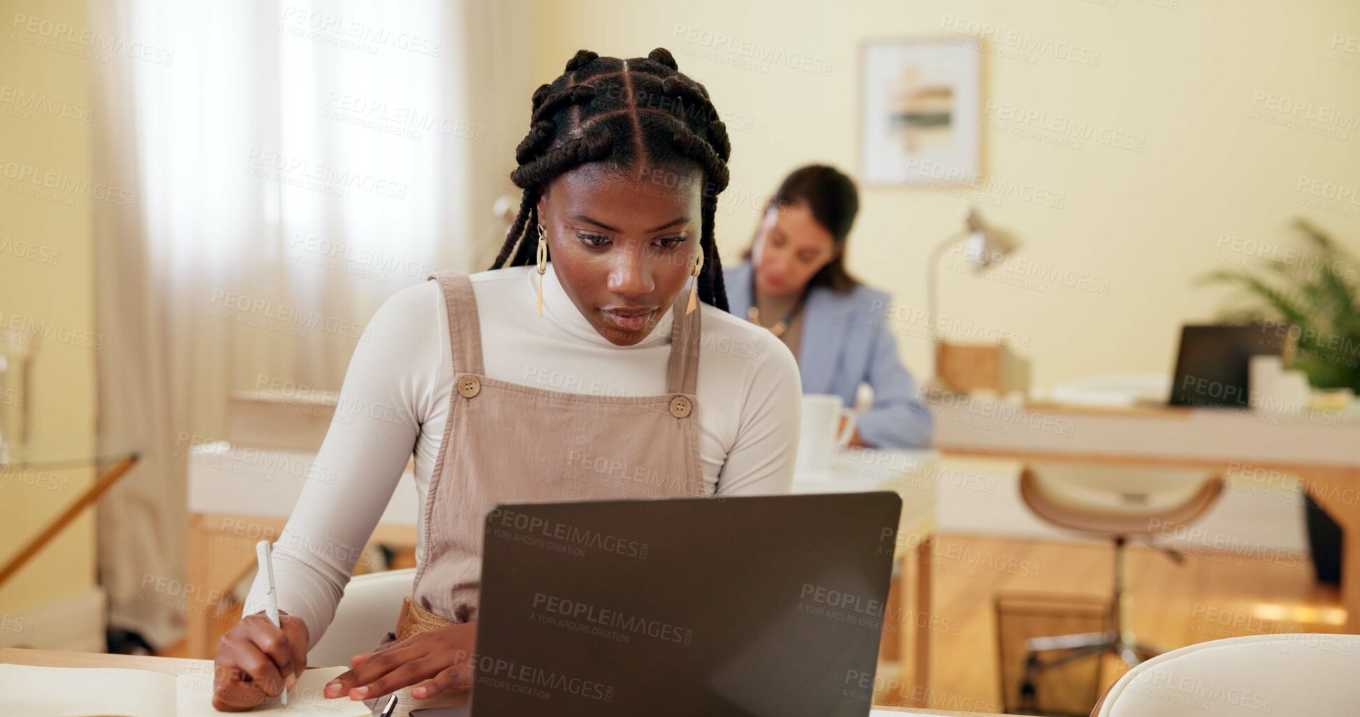 Buy stock photo Writing, business woman and laptop with notes in coworking office with desk and schedule. Planning, web writer and creative professional with article fact check and blog upload with paperwork
