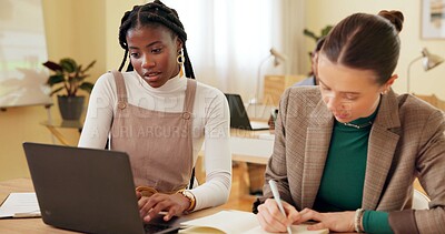 Buy stock photo Writing, business women and laptop with notes in coworking office with desk and team. Planning, web writers and creative employee with article check and blog upload with content creation checklist