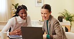Women, happy and laptop at startup, reading and excited with results, proposal and feedback for project. People, partnership and computer with smile for progress, email and review at creative agency