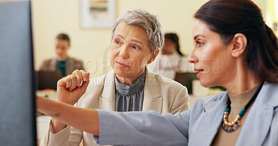 Buy stock photo Business people, talking and manager in office for feedback, teamwork and company development with help. Collaboration, meeting and pointing for project review, discussion and training with proposal