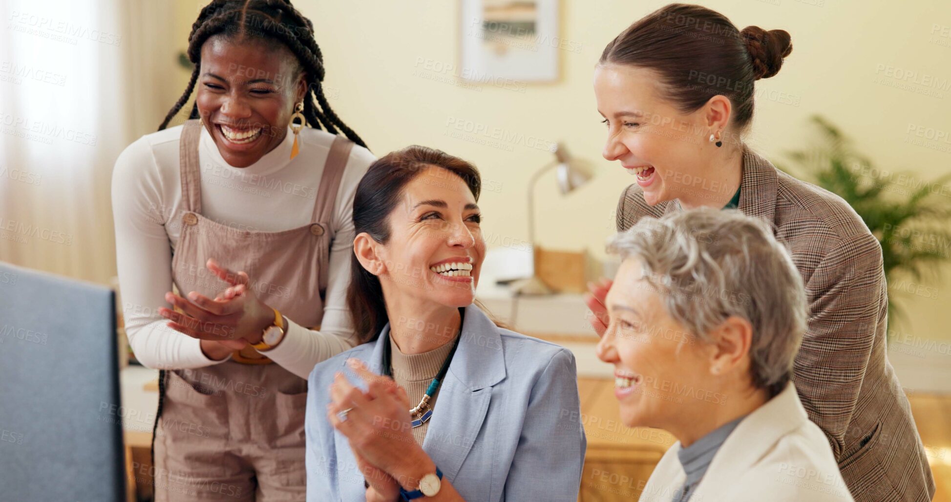 Buy stock photo Business women, computer and applause for teamwork, feedback and project development with smile. Collaboration, diversity and celebration for networking success, discussion or growth with empowerment