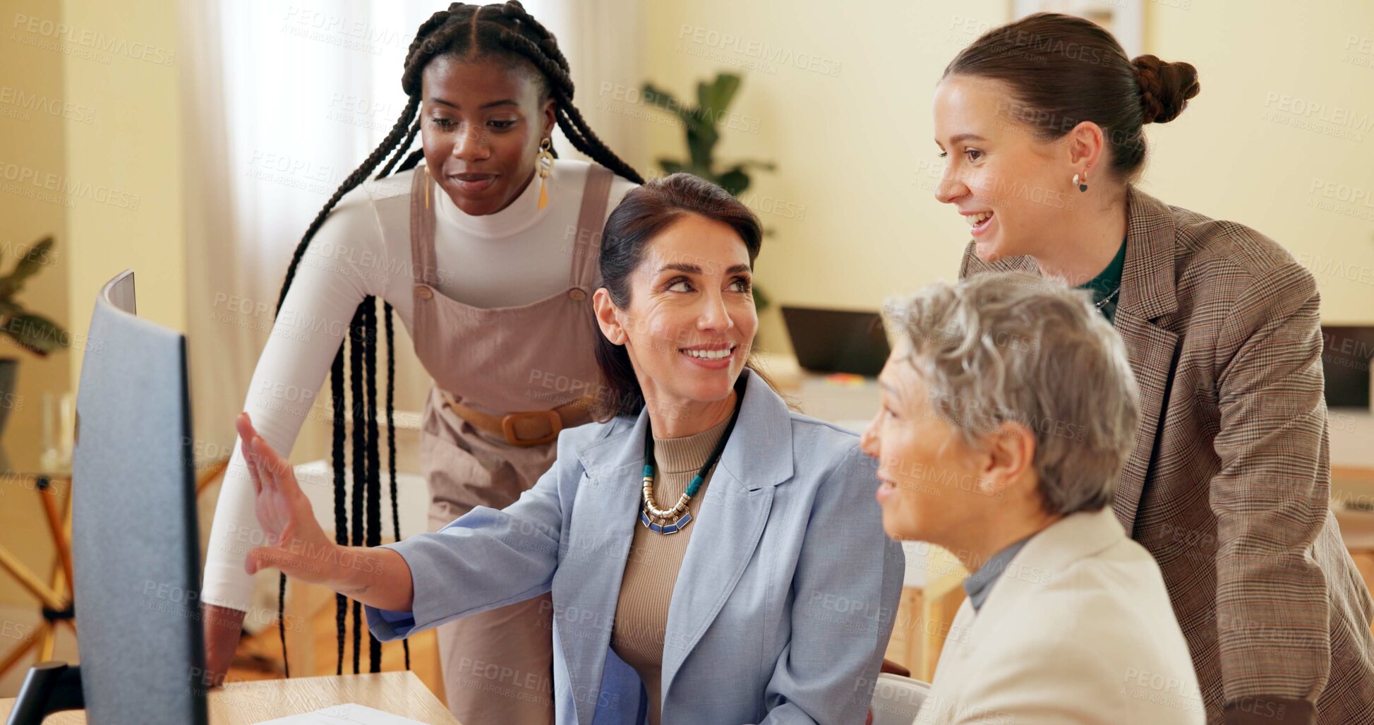 Buy stock photo Business people, computer and happy in office for teamwork, feedback and development with help. Collaboration, diversity and pointing for proposal review, discussion and research with empowerment