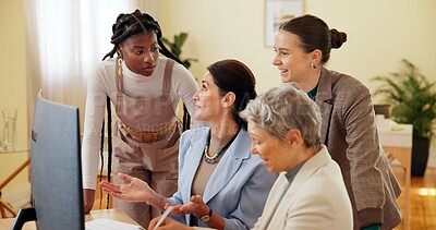 Buy stock photo Business people, computer and question in office for feedback, teamwork or staff development with help. Collaboration, diversity and confused for project review, discussion or training with proposal