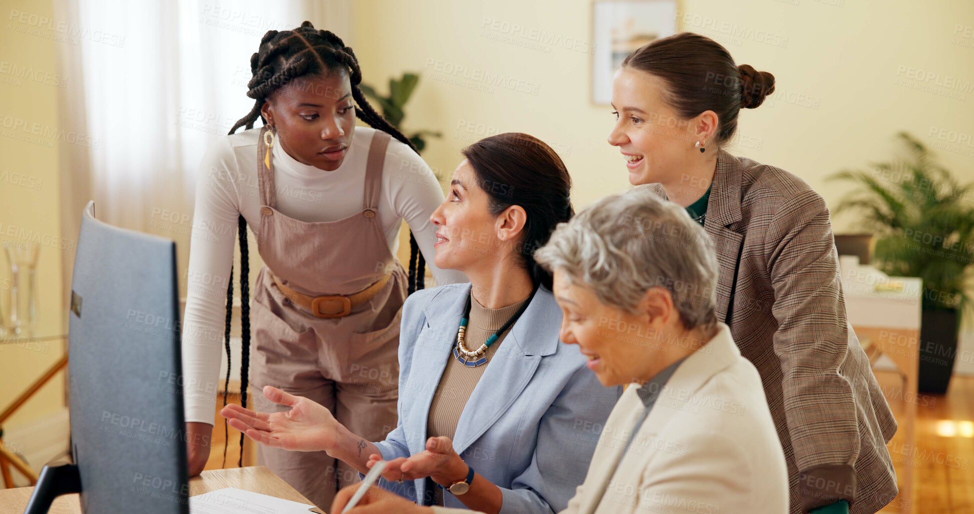Buy stock photo Business people, computer and question in office for feedback, teamwork or staff development with help. Collaboration, diversity and confused for project review, discussion or training with proposal