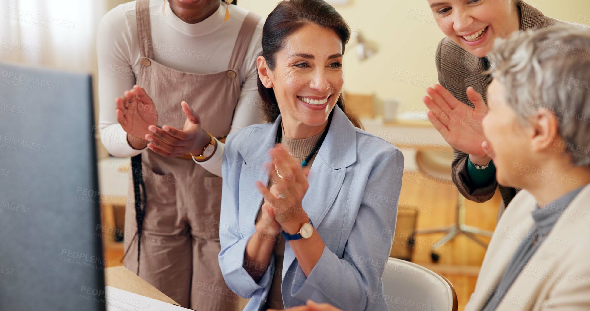 Buy stock photo Office, applause and business women on computer for celebration, online feedback and achievement. Creative startup, professional and workers clapping hands for success, teamwork and good news on pc