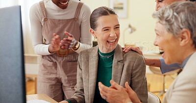 Buy stock photo Excited, applause and business women on computer for celebration, online bonus and achievement. Creative startup, professional and workers clapping hands for success, teamwork and good news in office