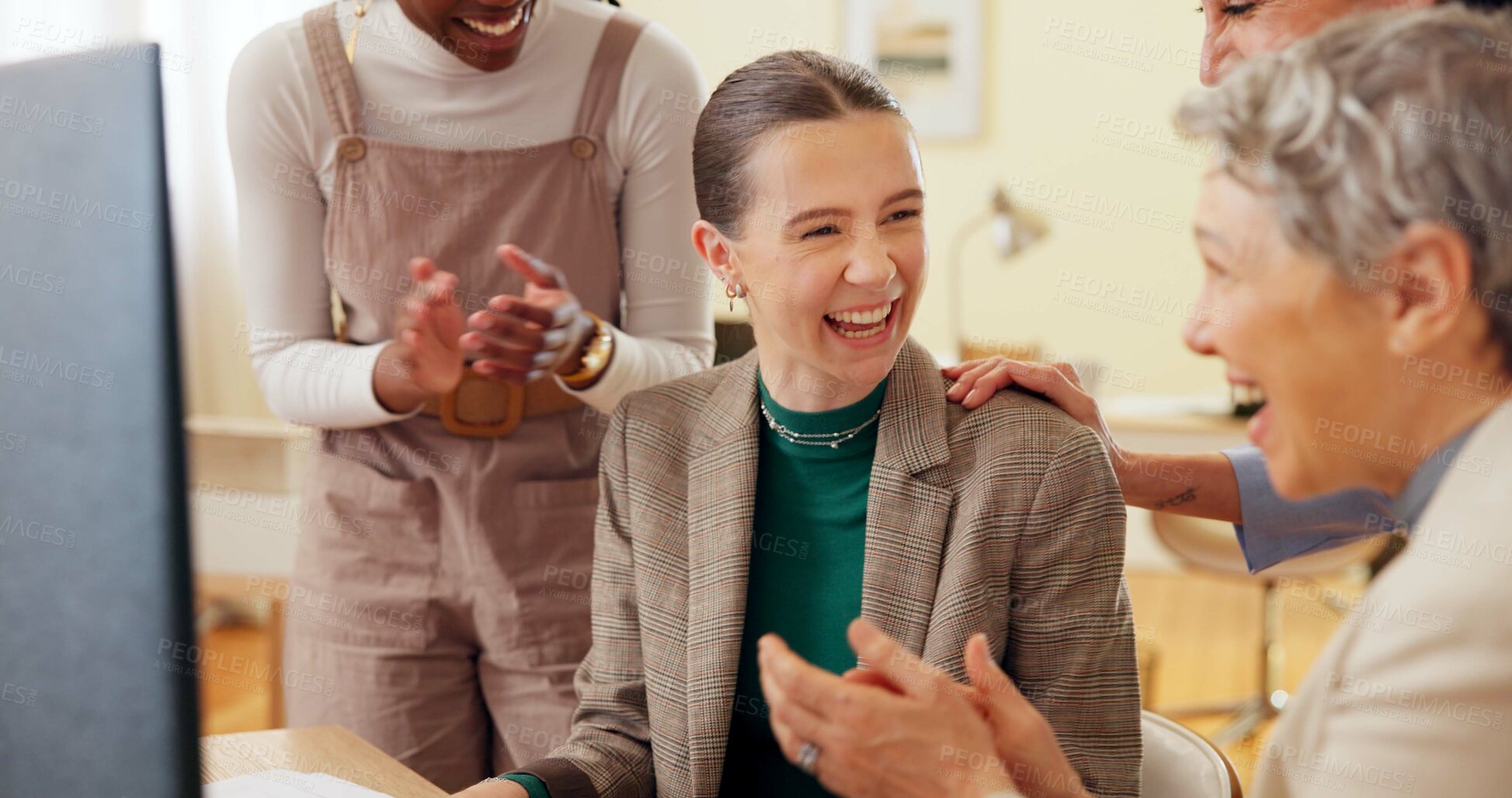 Buy stock photo Excited, applause and business women on computer for celebration, online bonus and achievement. Creative startup, professional and workers clapping hands for success, teamwork and good news in office