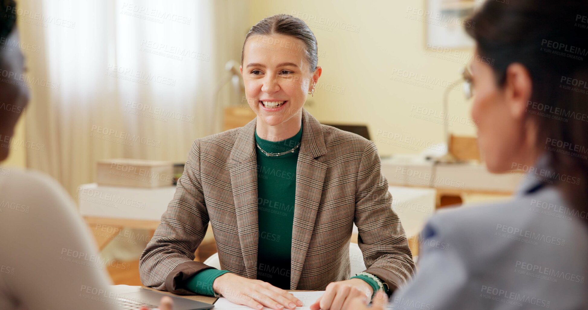 Buy stock photo Meeting, discussion and business women with working, smile and planning in office. Collaboration, teamwork and public relation employee with management and project conversation for brand campaign
