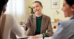 Business woman, handshake and contract meeting with management, deal and agreement in office. Happy, work success and professional with thank you, hiring or welcome with b2b partnership with smile