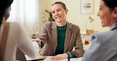 Buy stock photo Business woman, handshake and contract meeting with management, deal and agreement in office. Happy, work success and professional with thank you, hiring or welcome with b2b partnership with smile