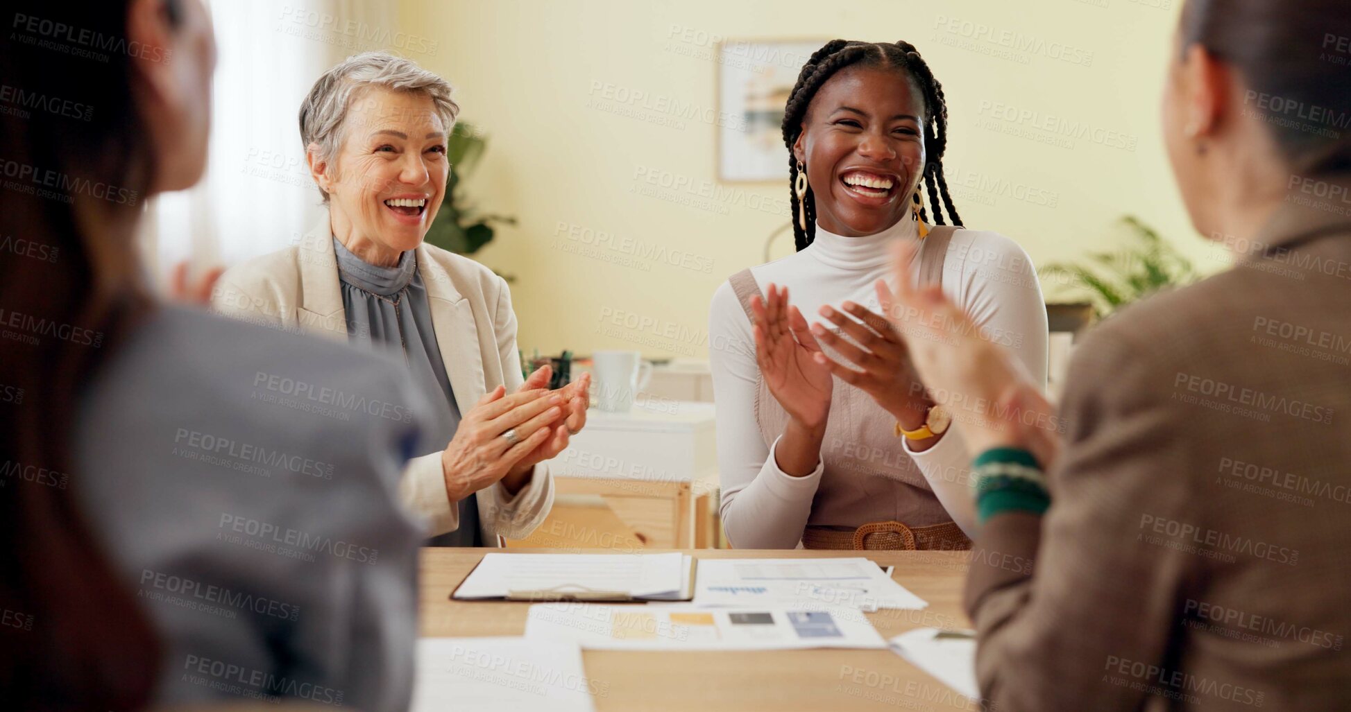 Buy stock photo Office, applause and happy business women for celebration, congratulations and victory. Startup company, success and workers clapping hands for collaboration, teamwork and good news in meeting