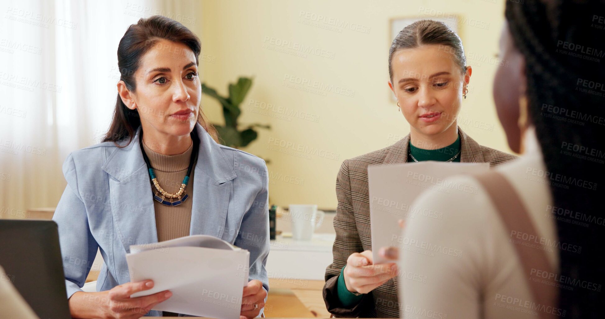 Buy stock photo Corporate, women and document with meeting for interview, discussion and resume info of recruitment process. People, paperwork and laptop with job application, negotiation proposal and b2b onboarding
