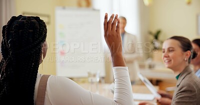 Buy stock photo Woman, raised hand and question with meeting, office and back with review for presentation at company. People, discussion and group for collaboration, brainstorming and strategy at creative agency