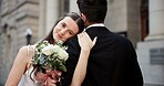 Portrait, woman and bride hug husband with bouquet, wedding celebration and marriage commitment at court. Smile, people and flowers for embrace of partnership, relationship love and romance ceremony 