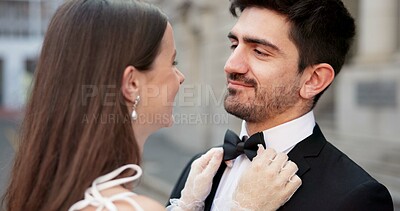 Buy stock photo Smile, couple and fashion with wedding outdoor for promise, celebration and marriage commitment at court. Happy, people and city reception with partnership, relationship loyalty and romance ceremony 