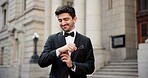 Outdoor, man and happy as groom for wedding day at town hall for matrimonial ceremony and marriage in Paris. Male person, husband and smile or satisfied with commitment, partnership and romance