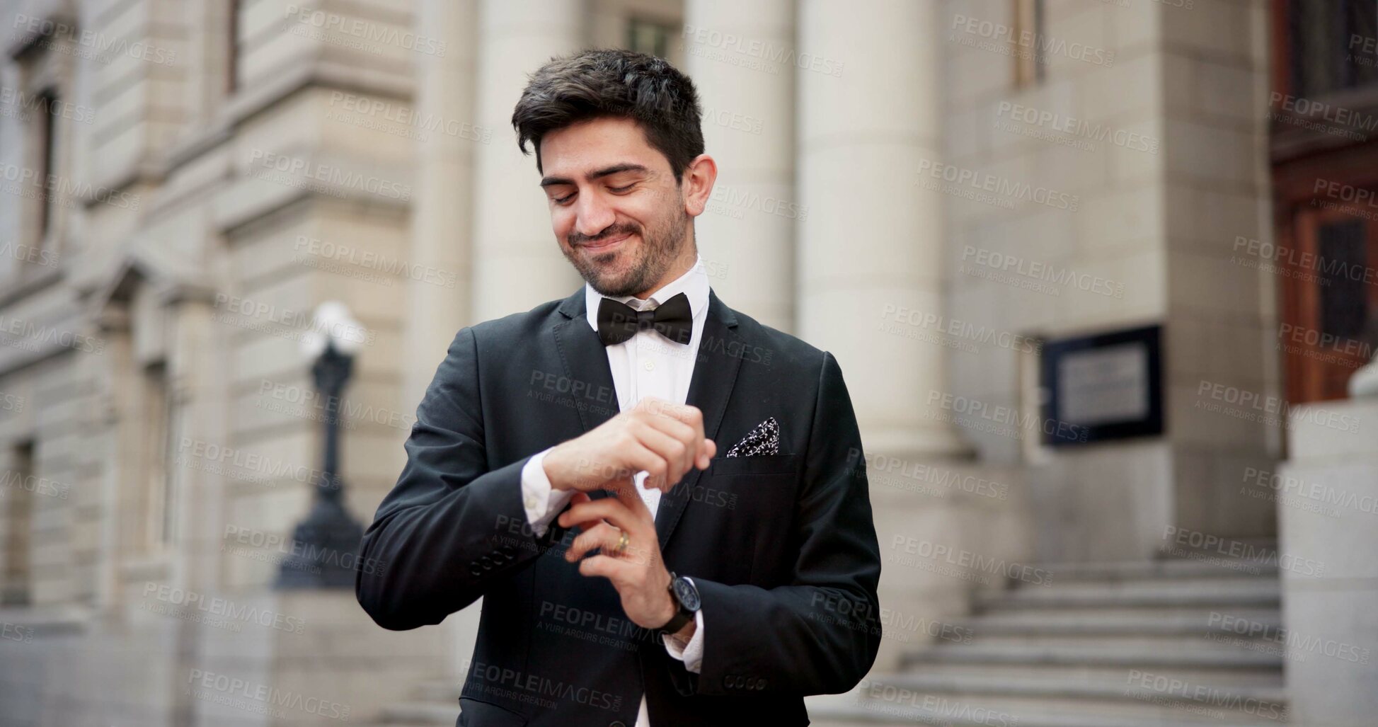 Buy stock photo Outdoor, man and happy as groom for wedding day at town hall for matrimonial ceremony and marriage in Paris. Male person, husband and smile or satisfied with commitment, partnership and romance