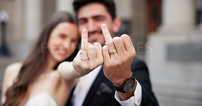 Buy stock photo Hands, ring and portrait with couple on wedding for promise, celebration and marriage commitment. People, bride and groom with jewellery for partnership, relationship trust and ceremony announcement