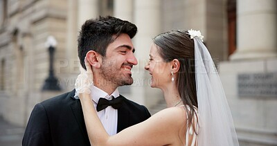 Buy stock photo Smile, couple and embrace outdoor on wedding for promise, celebration and marriage commitment. Happy, people and love with affection of partnership, relationship loyalty and romance ceremony at court