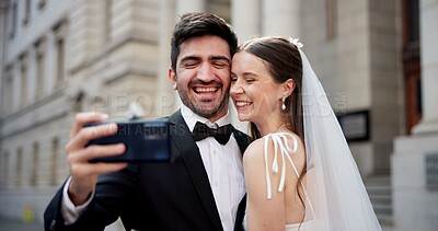 Buy stock photo Couple, selfie and happy with wedding in city, love and care with commitment, memory and post on web. People, man and woman with marriage, event and celebration with smile on social media in Greece