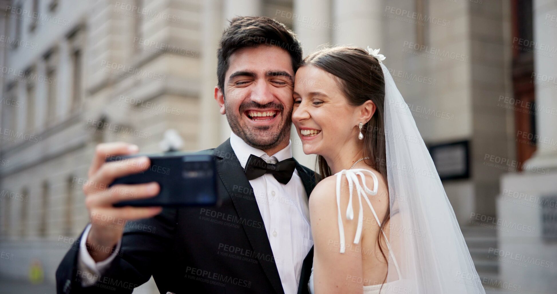 Buy stock photo Couple, selfie and happy with wedding in city, love and care with commitment, memory and post on web. People, man and woman with marriage, event and celebration with smile on social media in Greece