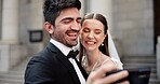 Couple, selfie and smile with wedding in city, love and care for commitment, memory and post on web. People, man and woman with marriage, event and happy for celebration on social network in Greece