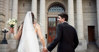 Buy stock photo City, holding hands and back of couple for wedding at town hall for marriage certificate, ceremony and legal union. Walking, love and man and woman at court for commitment, promise or partnership