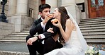 Wedding, city and couple with pizza at courthouse with bride, stairs and modern fashion for celebration. Sitting, people and marriage event for commitment, loyalty and trust with food and smile