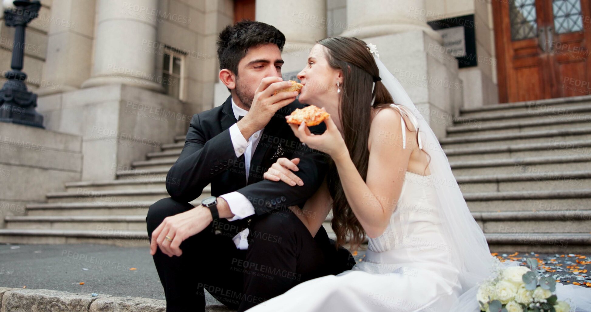 Buy stock photo Wedding, city and couple with pizza at courthouse with bride, stairs and together for celebration. Sitting, people and marriage event for commitment, loyalty and trust with food, smile and love