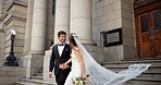 City, walking on stairs and couple for wedding at town hall for marriage certificate, ceremony and legal union. Holding hands, love and man and woman at court for commitment, promise or partnership