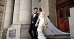 Happy, stairs and couple in city for wedding at town hall for marriage certificate, ceremony and legal union. Holding hands, love and man and woman at court for commitment, promise and partnership