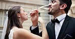 Wedding, drink and couple in city with champagne at ceremony, celebration and commitment. Romance, alcohol toast and man and woman in town for promise, partnership and marriage certificate at court