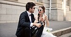 Wedding, toast and couple in city with alcohol at ceremony, celebration and commitment. Romance, champagne toast and man and woman in town for honeymoon, partnership and marriage certificate at court