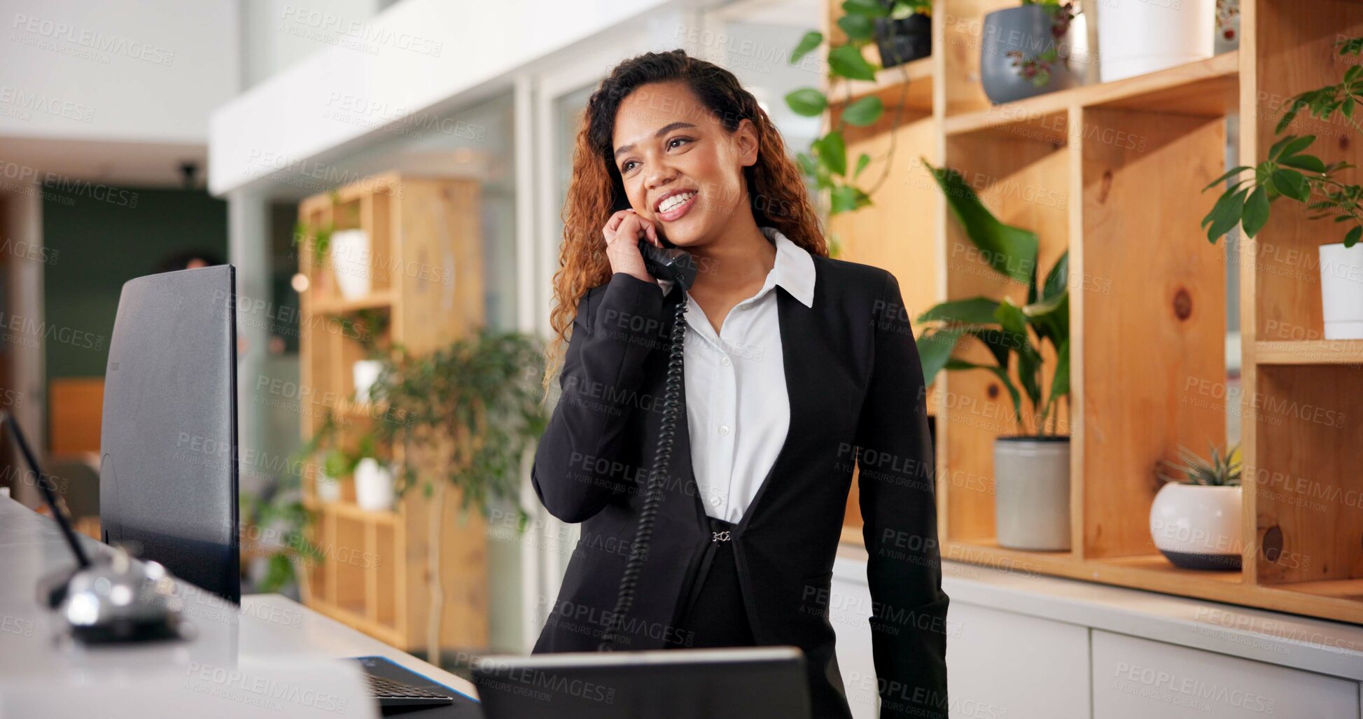 Buy stock photo Hotel staff, reception and call of booking consultant with African woman, customer care and hospitality enquiry. Work, service and question at lobby desk with conversation, helping and support