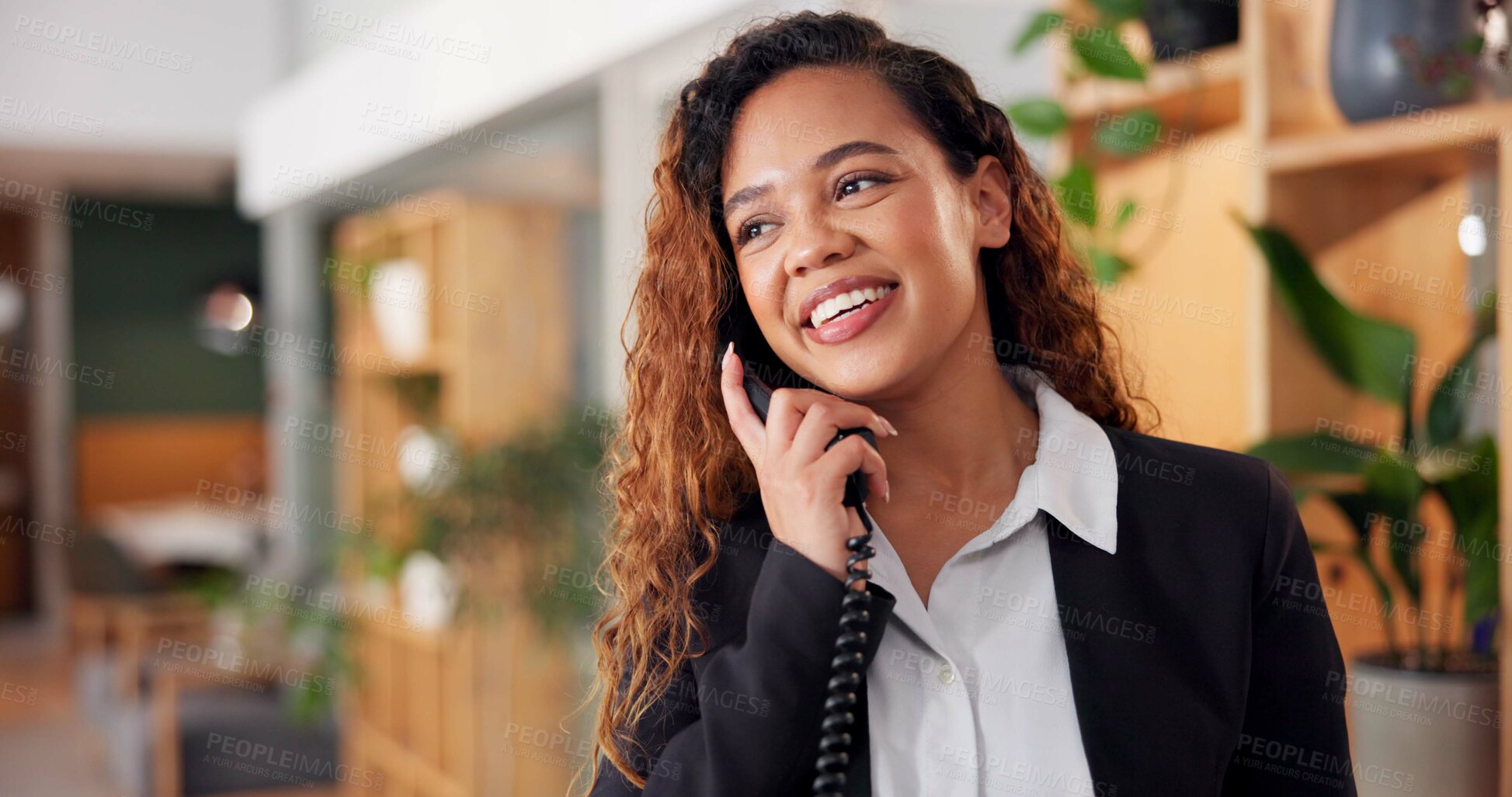 Buy stock photo Woman, call and hotel reception with smile, concierge and desk help with booking management. Lobby, customer service and professional with hospitality, networking and conversation with support