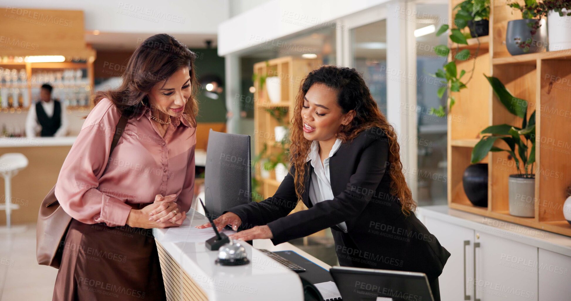 Buy stock photo Hotel, receptionist and woman with paperwork for booking, guest room service and reservation. Hospitality, front desk and client with concierge with documents for application form, contract and info