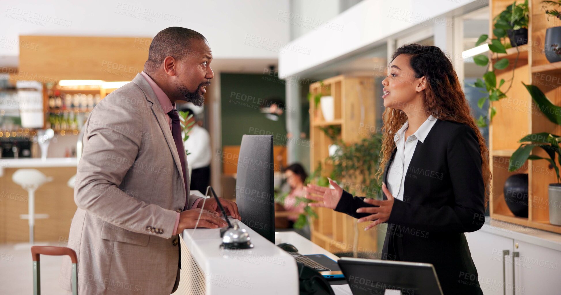 Buy stock photo Angry, client and woman in hotel, receptionist and upset with hospitality, displeased or unhappy. People, employee or guest at counter, customer service or luxury with stress, dissatisfy or concierge