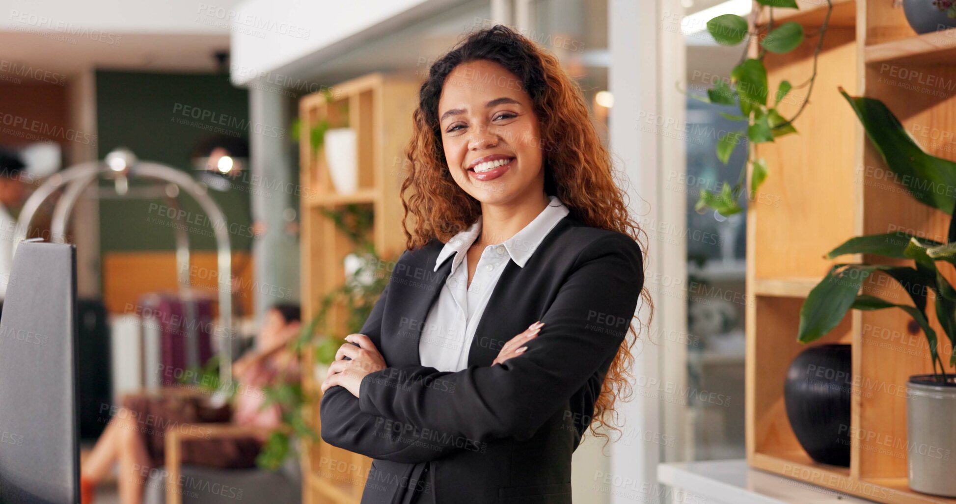 Buy stock photo Receptionist, arms crossed and portrait of woman at hotel for hospitality, luxury and check in. Information, lobby and concierge with person at resort for consultant, assistance and reservation