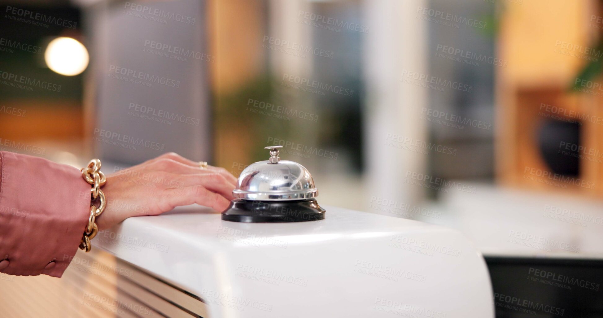 Buy stock photo Hotel, bell and hand of person at front desk for hospitality, booking and customer service. Information, lobby and concierge with closeup in reception for help, assistance and luxury reservation