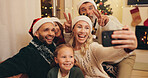 Selfie of grandparents, parents with child at Christmas for profile picture, social media and memory. Peace sign, family home and happy mom, dad and girl for festive tradition, holiday and vacation