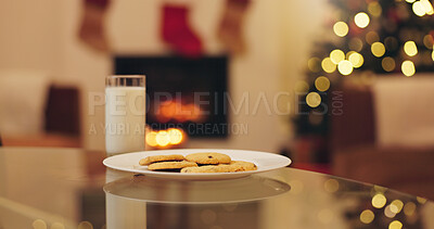 Buy stock photo Christmas, home and milk with cookies on table for holiday decoration, vacation and festive season. Background, December and glass, drink and biscuits for santa, aesthetic and tradition at night